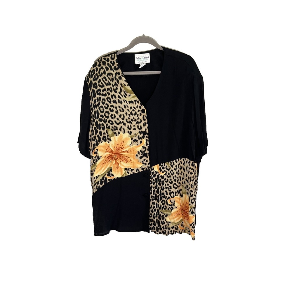 Vintage Animal Print Floral Shirt 2X Retro Tropical 1990s Preppy Leopard Safari